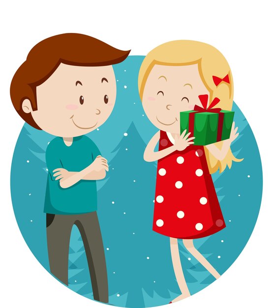 A couple give a present on white background