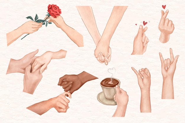 Couple hand gestures Valentine&amp;rsquo;s vector aesthetic design elements set