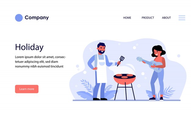 Couple having barbeque party outdoors. Website template or landing page