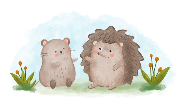 Free vector the couple hedgehog smiling with happily in watercolor painting