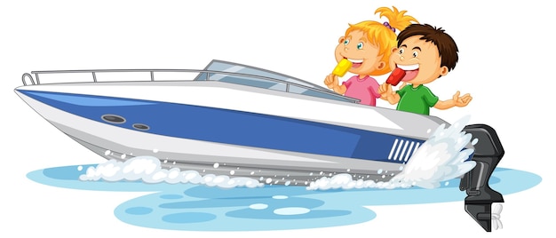 Couple kids on speed boat on white background