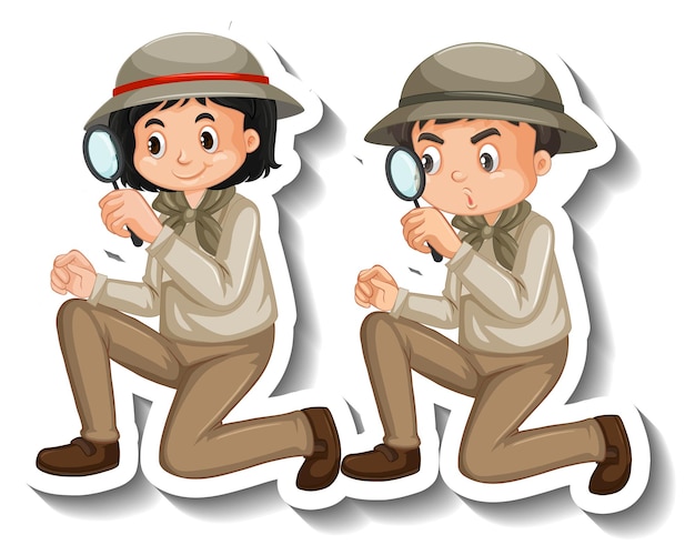 Free Vector couple kids wear safari outfit cartoon character sticker