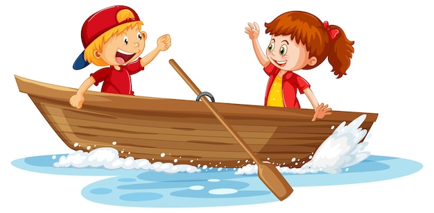 Free vector couple kids on wooden boat