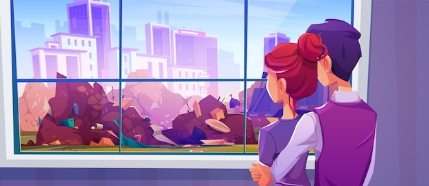 Free Vector couple looking at urban landfill through window vector cartoon illustration of man and woman hugging in house room stinky wasteland with piles of unsorted garbage outside cityscape background