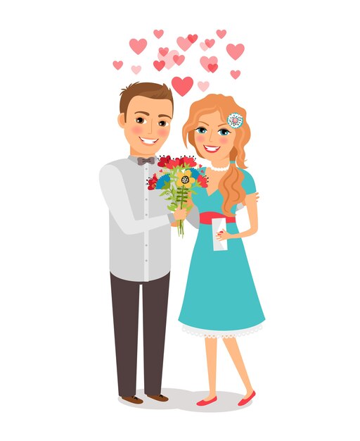 Couple in love. Lovers man and woman with a bouquet of flowers. Vector illustration