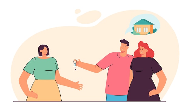 Free vector couple of married people holding key to new house. man and woman dreaming of property flat illustration