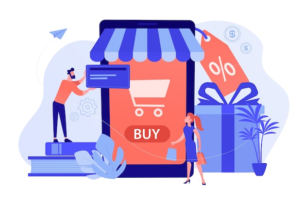 A couple near huge smartphone with buy icon on the screen make online purchases. Smart retail, retail mobility solutions, IoT and smart city concept. Vector illustration