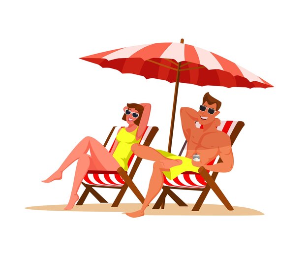 Couple relaxing on beach boyfriend and girlfriend under beach umbrella on deck chairs Woman and man at sea resort cartoon characters