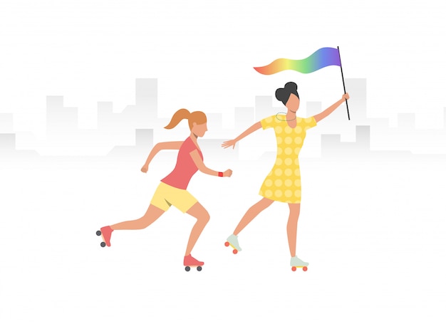 Free vector couple of roller skaters with rainbow flag