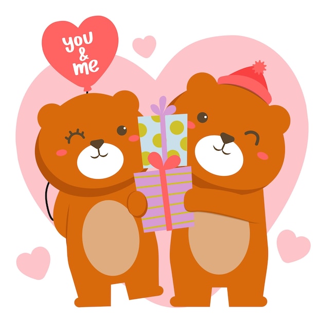 Couple of romantic bears celebrating Saint Valentine with gift boxes