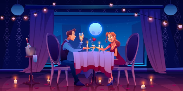 Couple romantic date dinner, man holding woman hand sitting at served table in dark room at window with view of moon in night