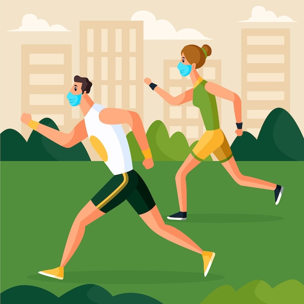 Couple running in the park wearing medical masks