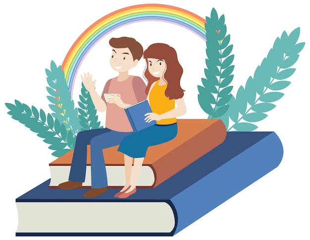 Free Vector a couple sitting on books in flat design