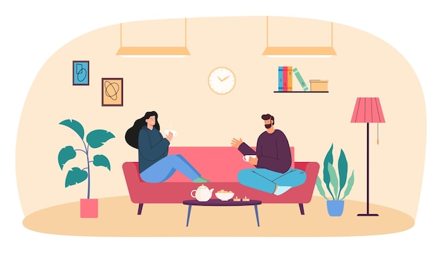 Couple sitting and drinking coffee on sofa at home. Romantic characters talking, eating, room or apartment in hygge or Scandinavian style flat vector illustration. Love, interior or furniture concept