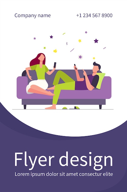 Couple sitting on sofa and using smartphones. Relaxing, couch, family flat illustration. Flyer template