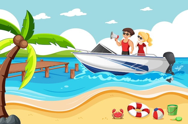 Free Vector a couple on a speed boat in the beach scene