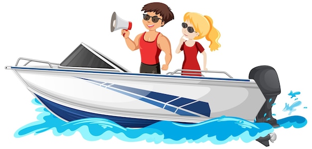 Free Vector a couple standing on a speed boat isolated on white background