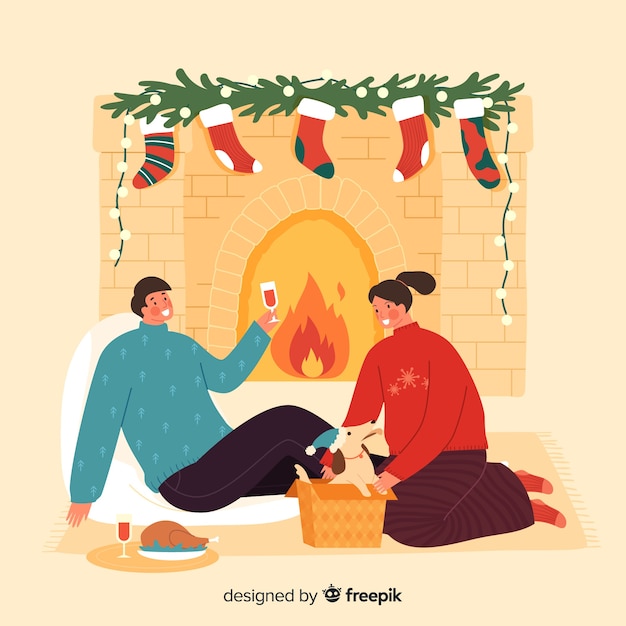 Free Vector couple staying together next to the fire place