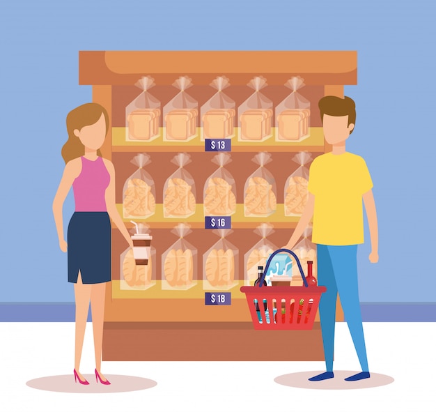 Free Vector couple in supermarket shelving with bread bags