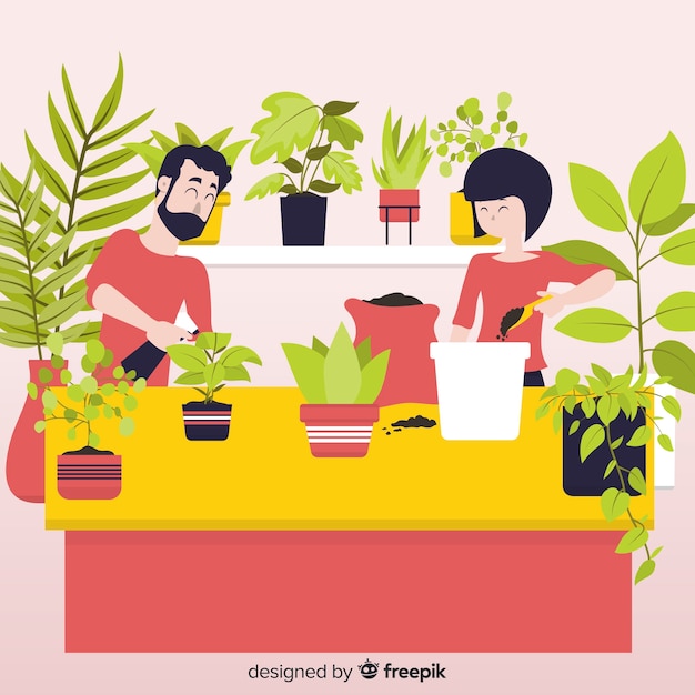 Couple taking care of plants