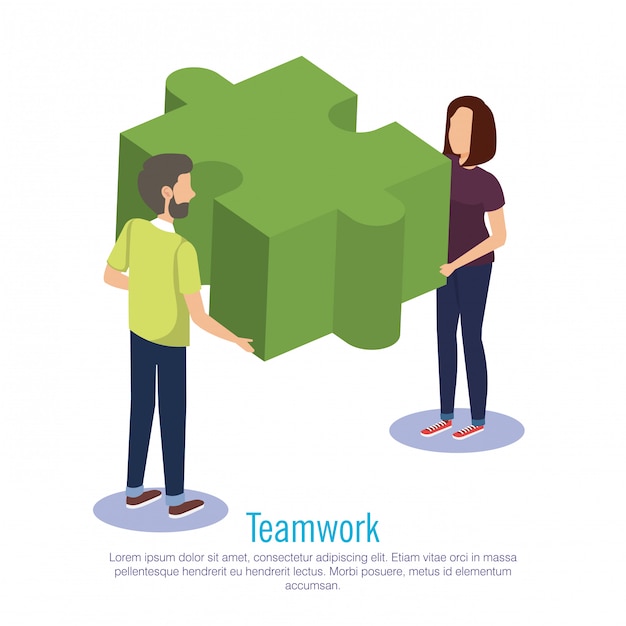 Free Vector couple teamwork with puzzle pieces