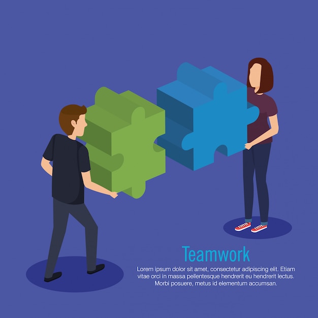 Free Vector couple teamwork with puzzle pieces