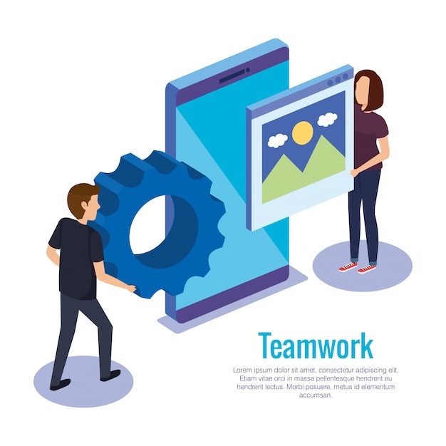 Free Vector couple teamwork with smartphone