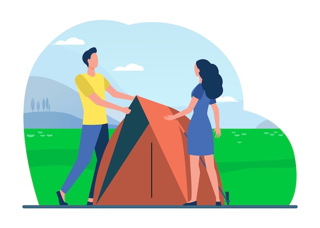 Couple of tourists enjoying camping. Tent, nature, landscape flat illustration