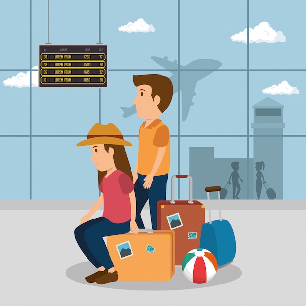 Free Vector couple travelers in the airport characters