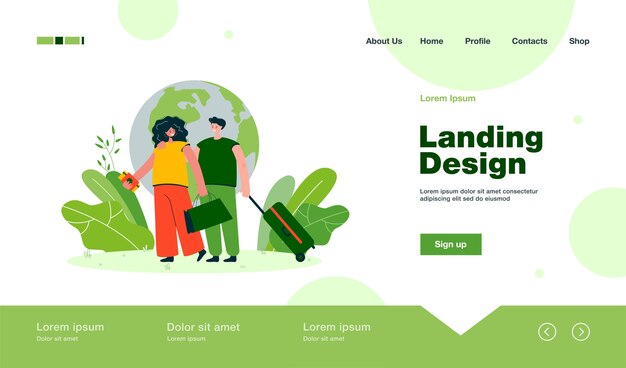 Couple traveling or moving to other country landing page in flat style