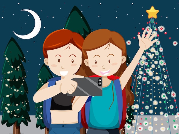 Free Vector couple traveller taking selfie with christmas tree background