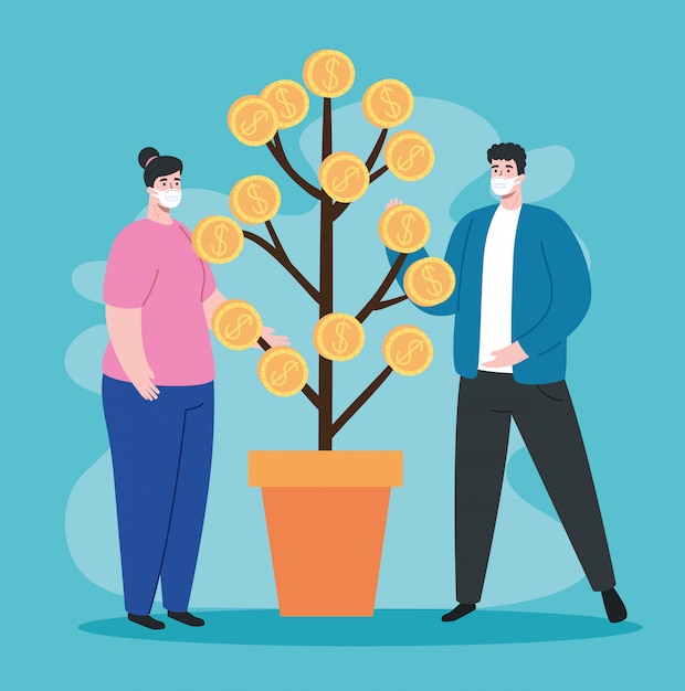 Couple using face mask with plant of coins