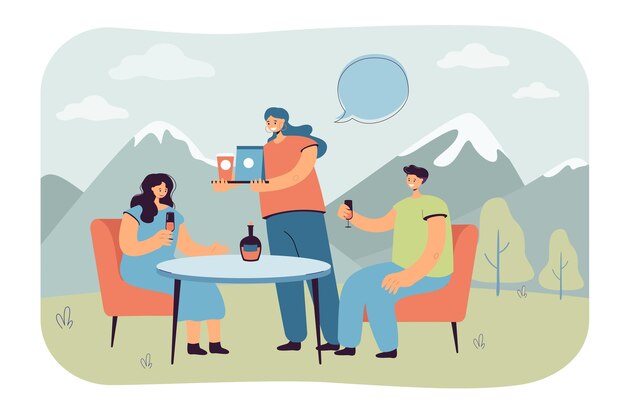 Couple visiting outdoor cafe flat vector illustration. Waiter serving man and woman, bringing food in background of mountain. Date, love concept for banner, website design or landing web page