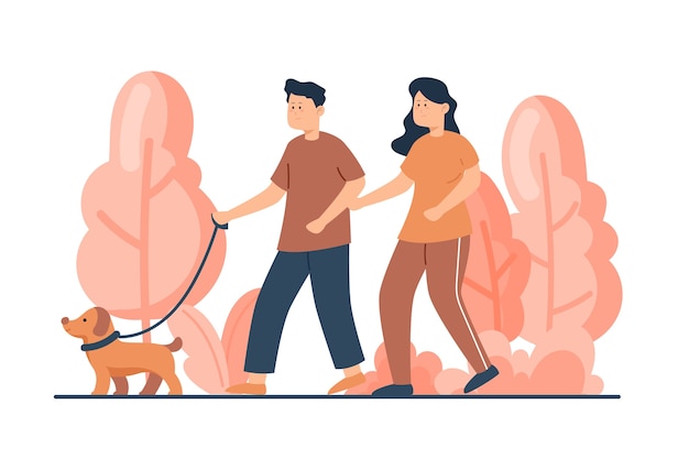 Free Vector couple waking together their dog