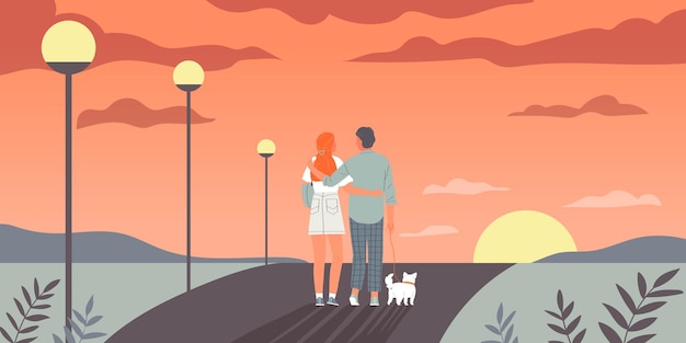 Couple Walking Dog Composition