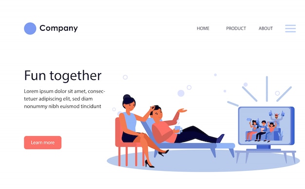 Couple watching football fans on TV. Website template or landing page