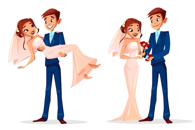 Couple wedding illustration of man and woman just married for greeting card template. 