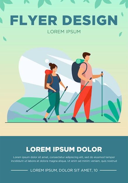 Free Vector couple with backpacks walking outdoors. tourists with nordic poles hiking in mountains flat vector illustration. vacation, travel, trekking concept for banner, website design or landing web page