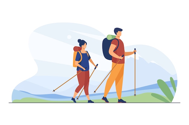 Free Vector couple with backpacks walking outdoors. tourists with nordic poles hiking in mountains flat vector illustration. vacation, travel, trekking concept