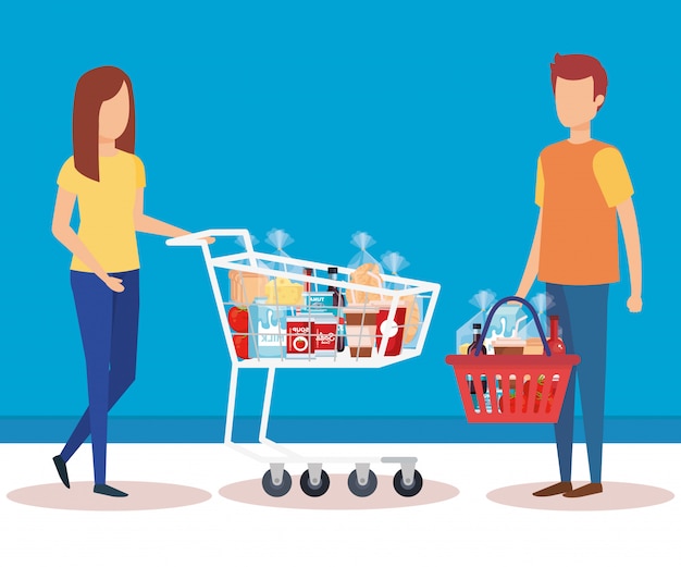 Free Vector couple with shopping cart and basket