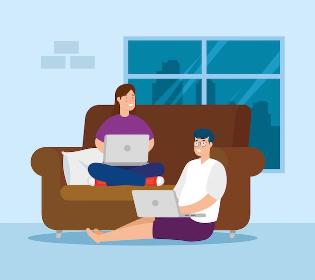 Couple working at home with laptop and couch