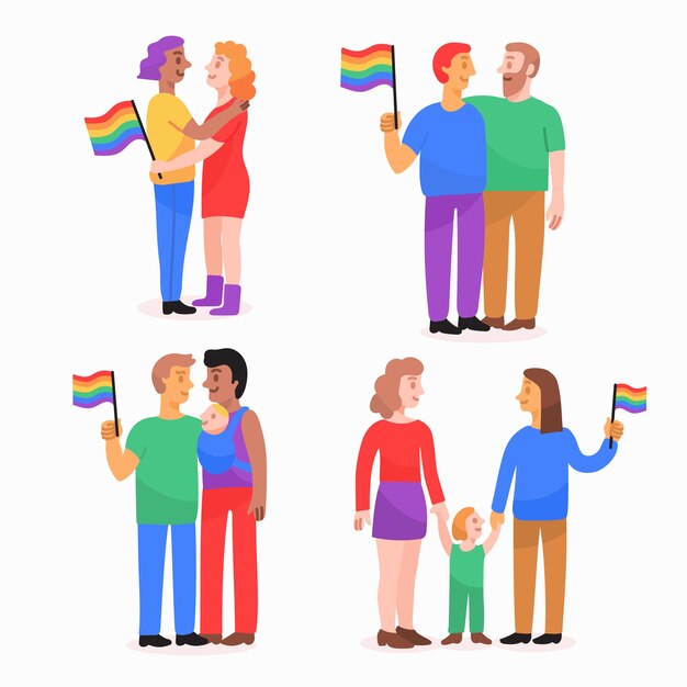 Couples and families celebrating pride day illustrations set