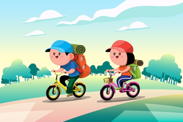 Free Vector couples on long vacation plans to go camping on a bike ride through the forest to appreciate nature. flat vector illustration design