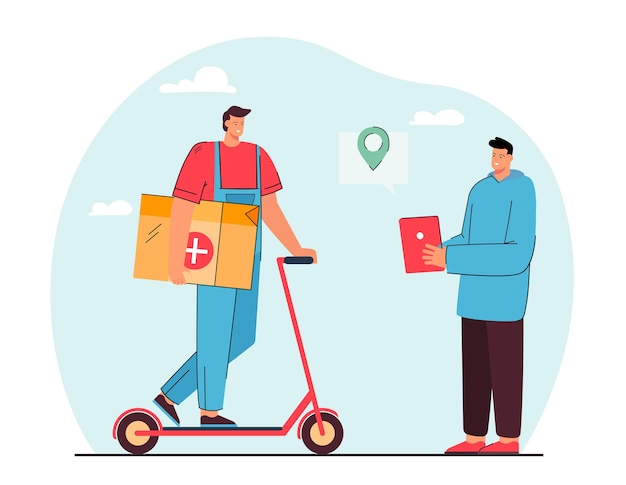 Courier delivering medications to patient using online tracking. Pills tablets fast contactless home delivery using web app. First aid, healthcare concept. Cartoon flat illustration