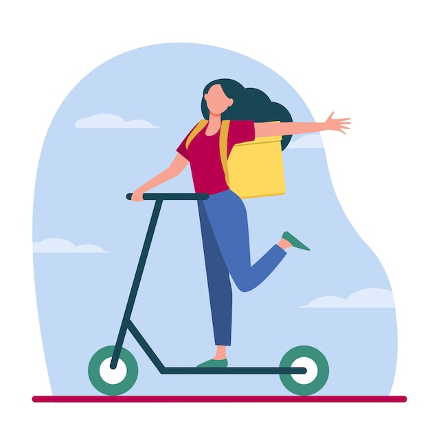 Courier delivering order. Happy young woman with box shaped backpack riding scooter flat vector illustration. Food delivery, service, transport