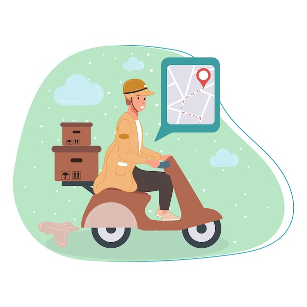 Free Vector courier or delivery online service worker on scooter character with parcels packages boxes