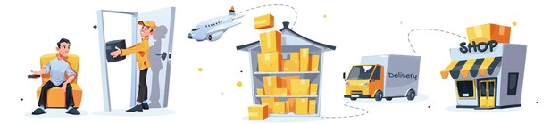 Courier delivery transport logistic freight distribution isolated set Man deliver parcel to customer home truck or van and airplane shipping goods to shop or warehouse Cartoon vector illustration