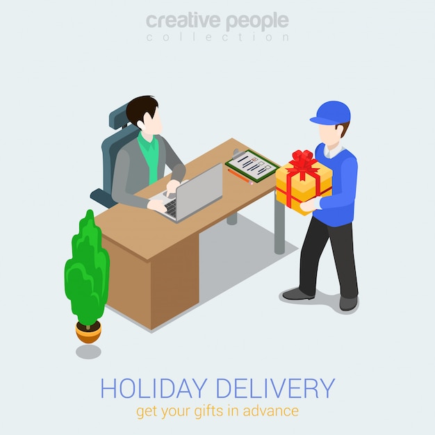 Courier holiday gift delivery concept Man giving present box to man isometric   illustration