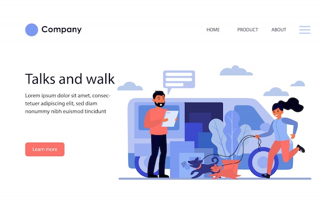 Courier talking to woman walking dog. Website template or landing page