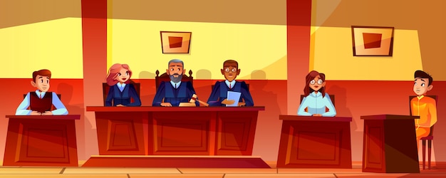 Free vector court hearing illustration of courtroom interior background. judges, prosecutor or advocate